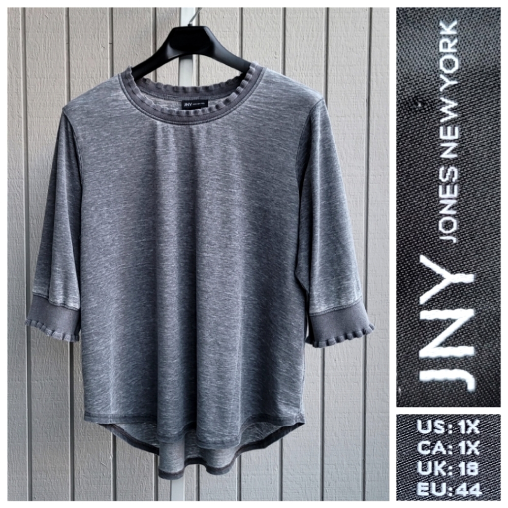 JNY | 3/4 Sleeve Bleached-Gray XXL Women's Top Scolloped Ruffle Edge Plus Size